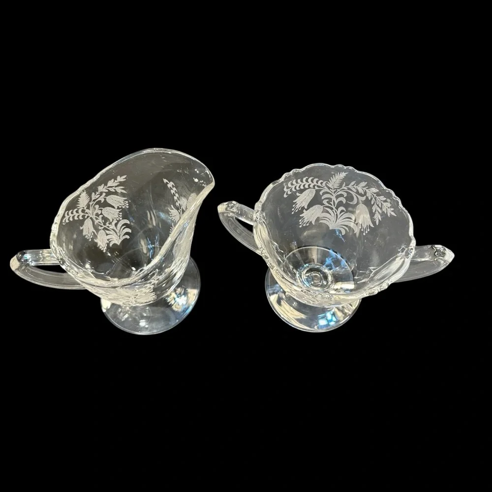 Vintage Tiffin Fuchsia Cream Sugar Etched Crystal Vintage Tea Coffee Serveware - Picture 2 of 11
